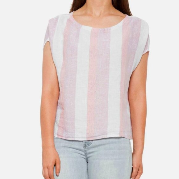 C&C California | 100% Linen Striped Button Back Boxy Top White & Pink	| Medium - Picture 1 of 12